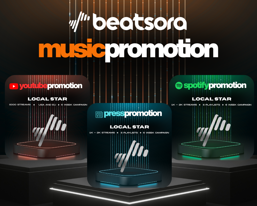 Promotional products for music promotion with beatsora branding and various platforms displayed.