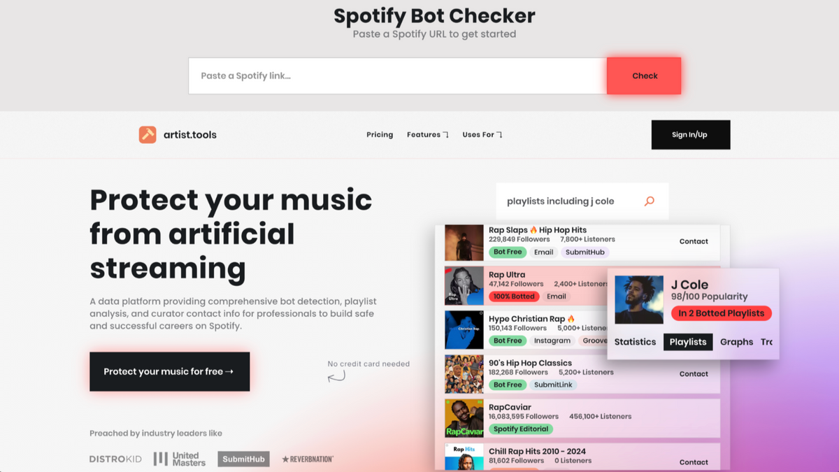 Spotify Bot Checker website with a search bar and promotional text on a gradient background