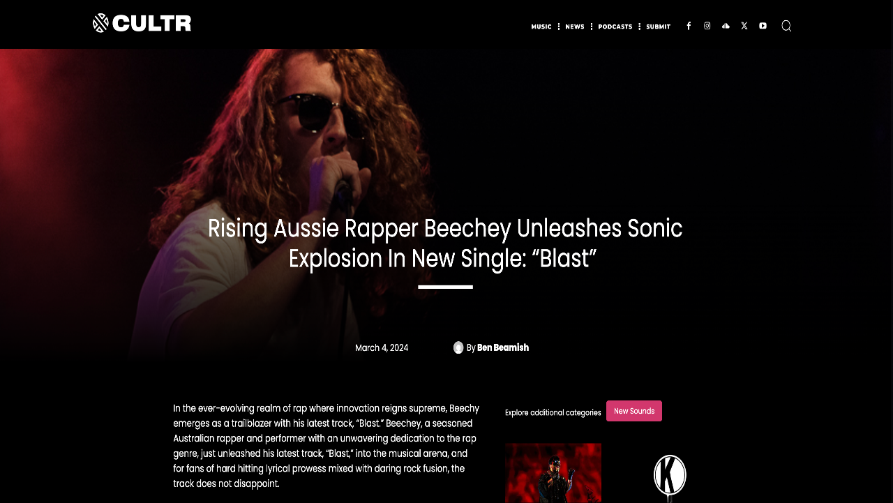 Website page with a headline about a rising Australian rapper and a photo of a person with long hair.
