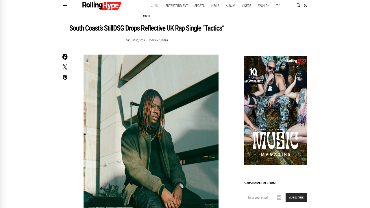 RollingHype website with a music article about a UK rap single titled 'Tactics'.